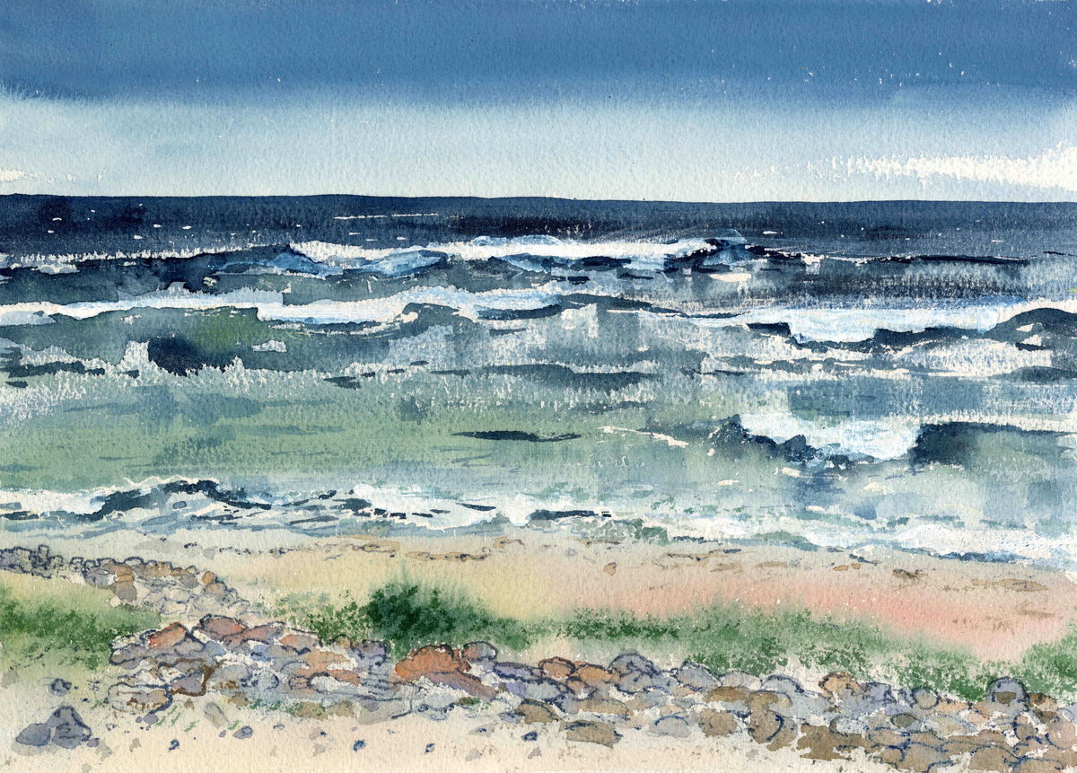 A print of a watercolour painting of blue waves rolling on to the shoreline in Westray, Orkney by artist Jane Glue from Orkney, Scotland.