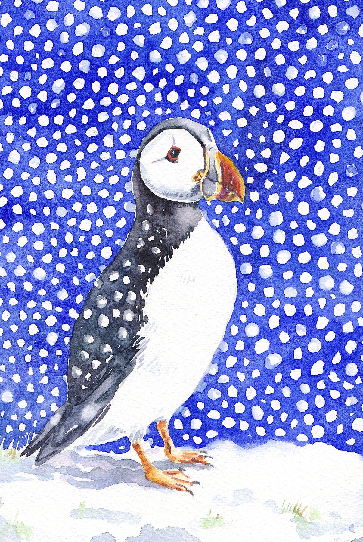 limited edition print of a puffin with snow flakes falling in the sky behind