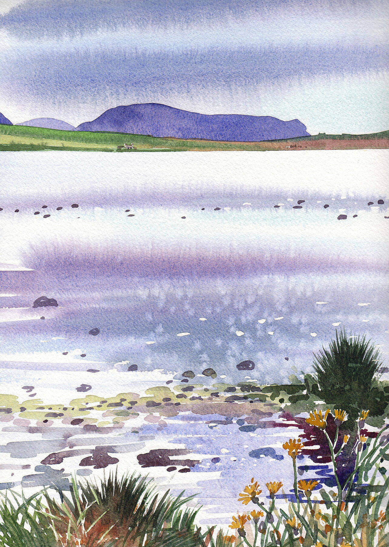 A watercolour painting by artist Jane Glue from Orkney, Scotland showing Stenness loch with the Hoy Hills in the background.
