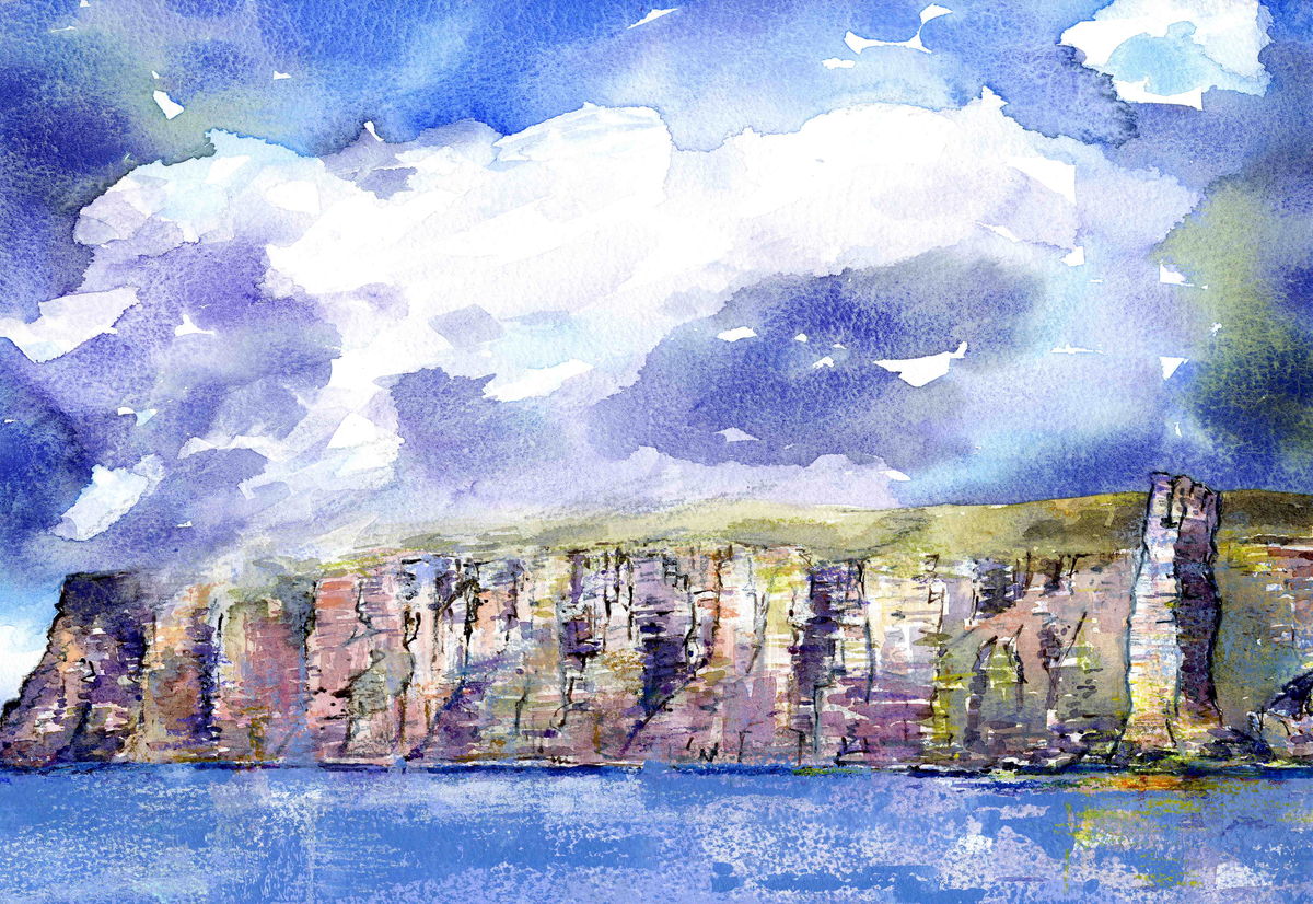 A print from a watercolour painting of The Old man of Hoy by Orkney artist Jane Glue, Scotland