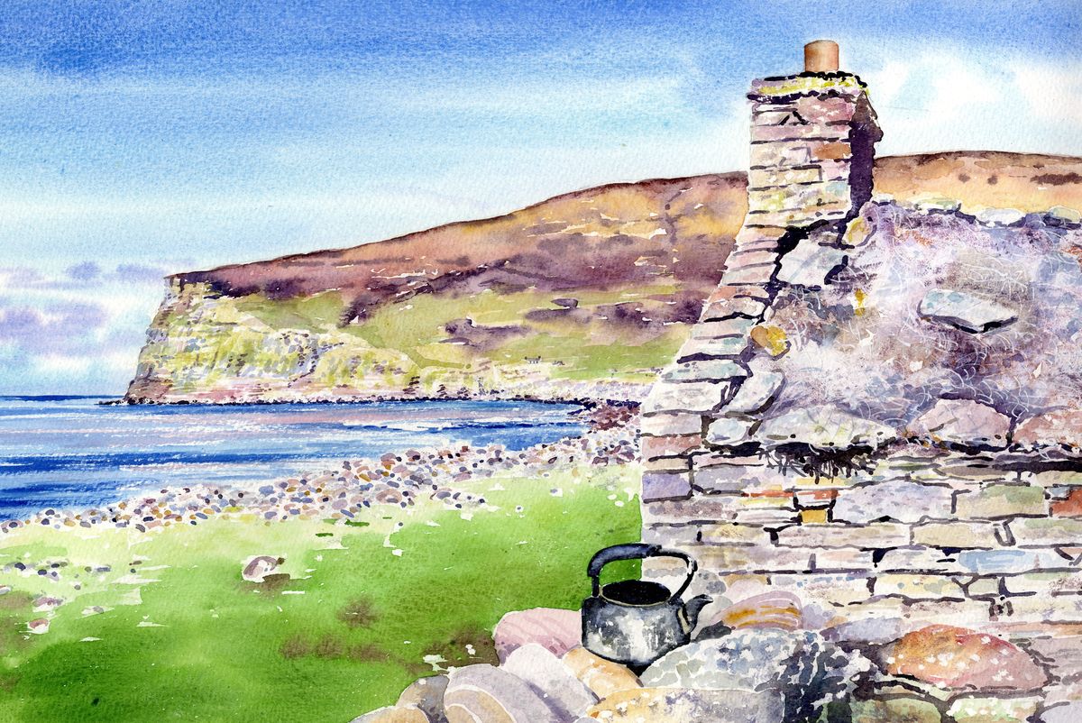 A print from a watercolour painting of an old cottage and black kettle at Rackwick bay in Hoy by Orkney artist Jane Glue, Scotland