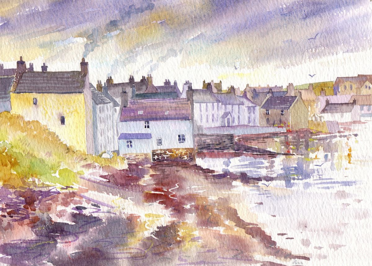 A print from a watercolour painting of the village of St Margarets hope in Orkney by Orkney artist Jane Glue, Scotland