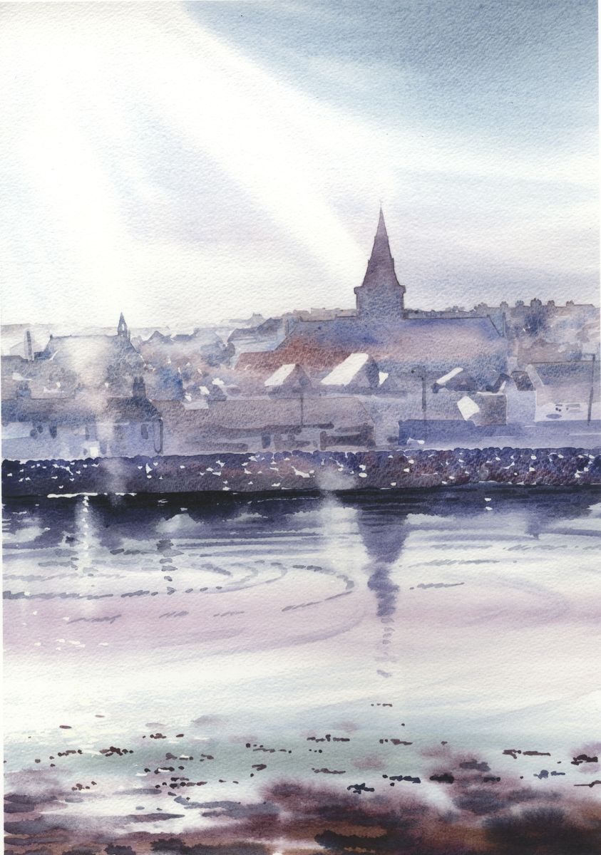 A print from a watercolour painting by Orkney artist Jane Glue of Kirkwall and St Magnus cathedral on a rainy morning.