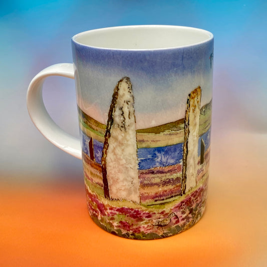 A mug with The ring of brodgar design by Orkney artist Jane Glue, Scotland