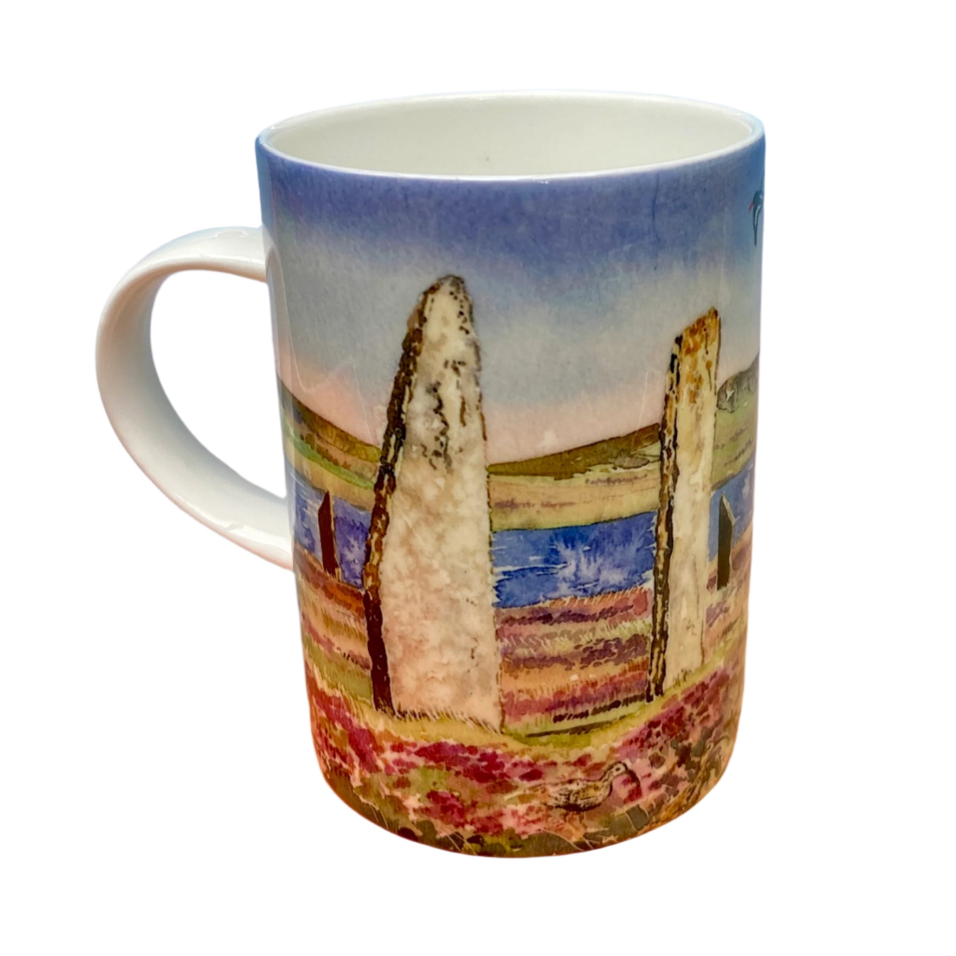 A mug with The ring of brodgar design by Orkney artist Jane Glue, Scotland