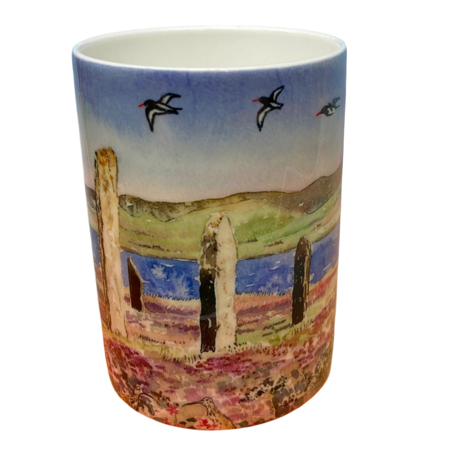 A mug with The ring of brodgar design by Orkney artist Jane Glue, Scotland