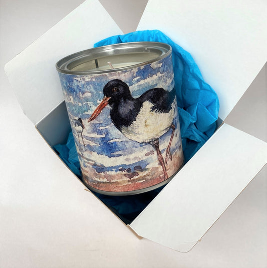 Large candle in a tin/Oystercatchers on the tide line