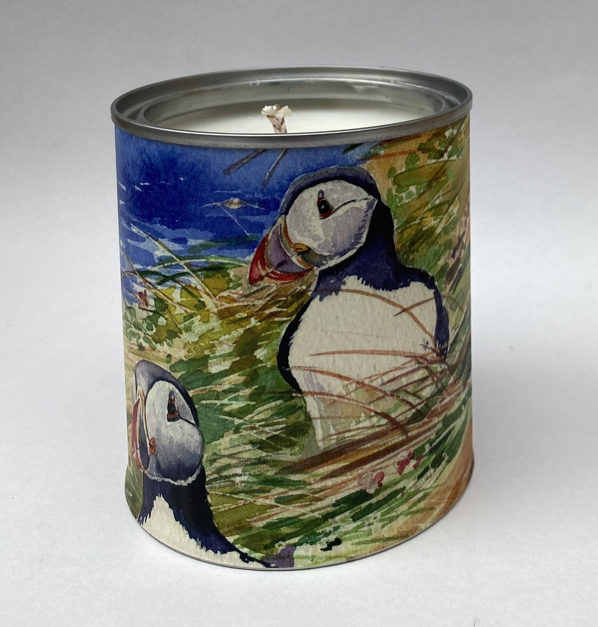 Large candle in a tin/Curious puffins